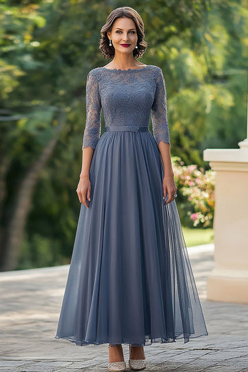 Poudré bleu trapèze 3/4 manches dentelle haut en mousseline de soie longue mère de la mariée robe